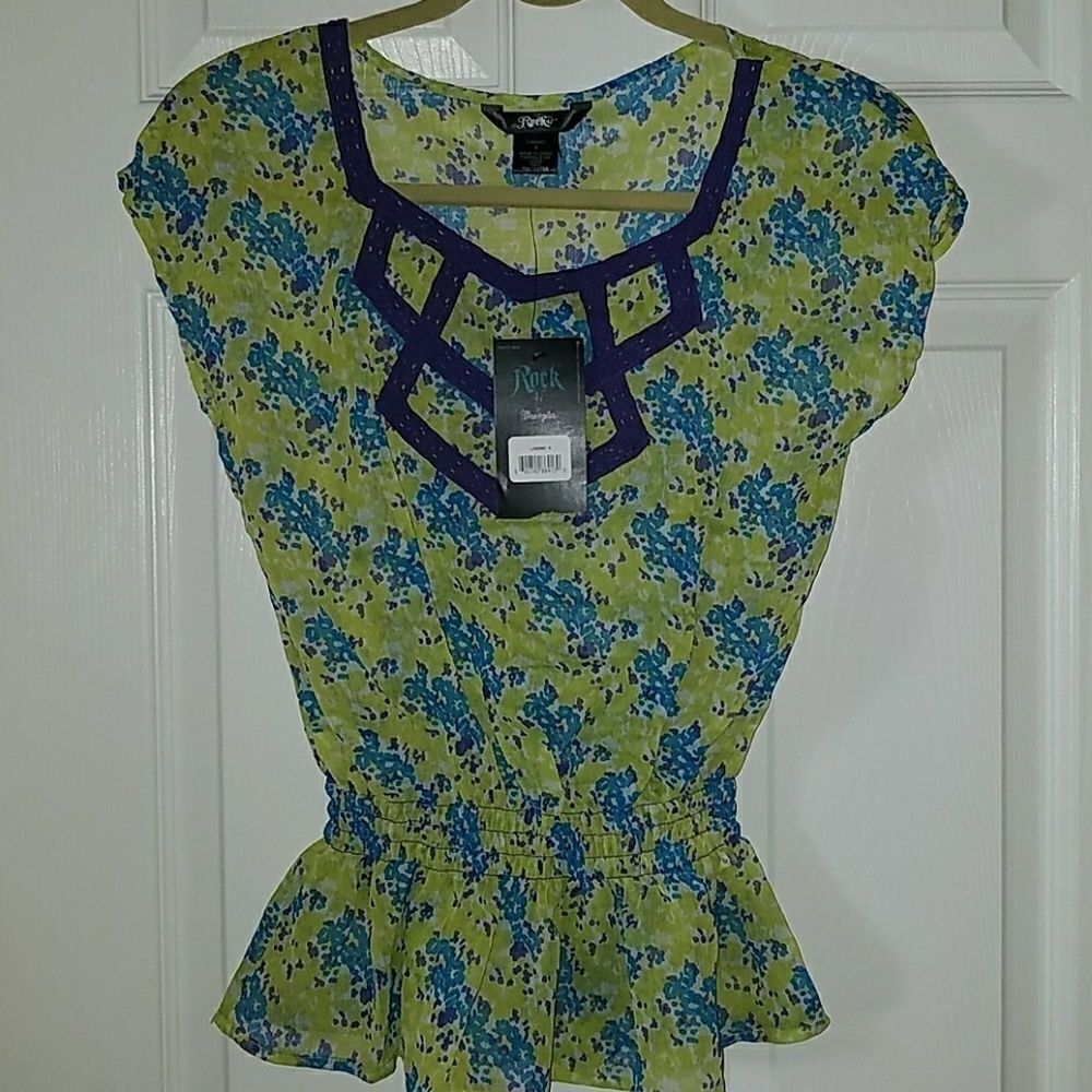 Wrangle lime green purple sheer top. Sz S NWT
